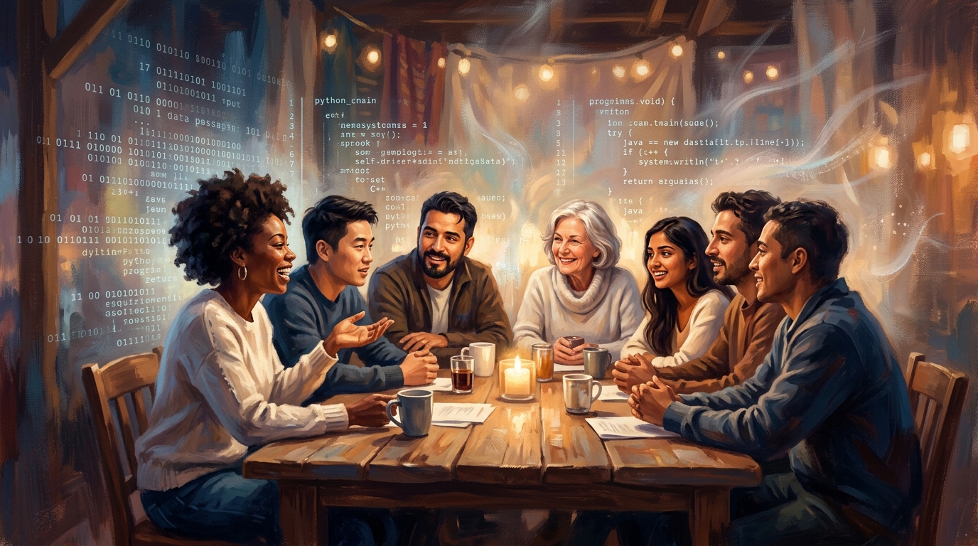 Humans in warm conversation while code dissolves into light around them