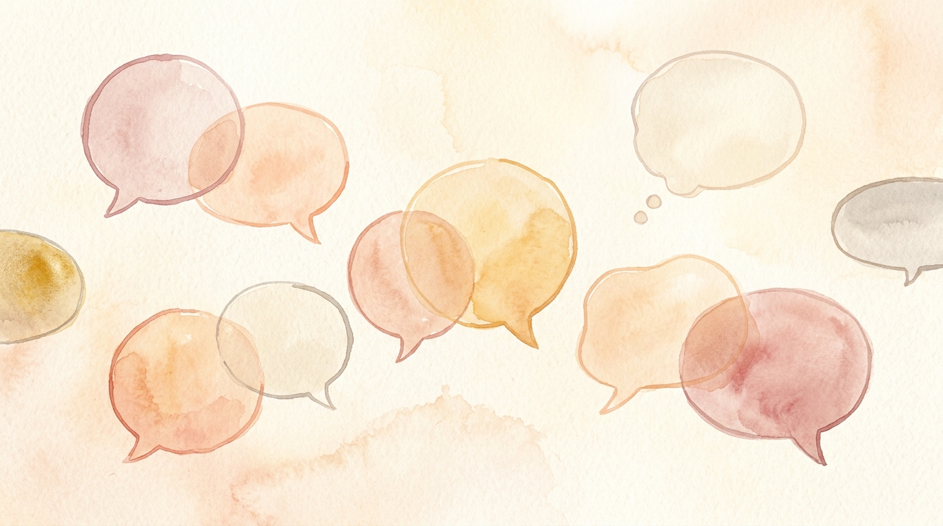 Watercolor speech bubbles drifting across a warm, papery background