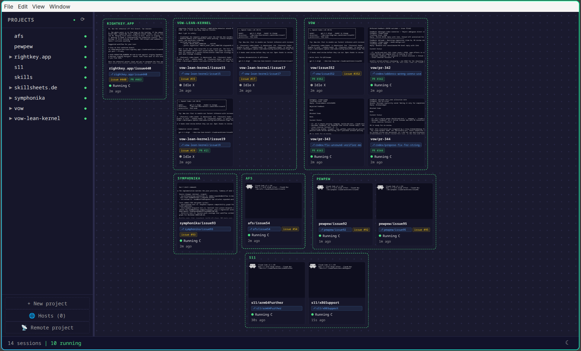 Pewpew main canvas with fourteen sessions across nine projects, clustered by repo