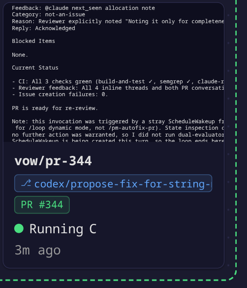 A pewpew session card for vow/pr-344 showing branch name, PR badge, status, and the agent's recent review reply