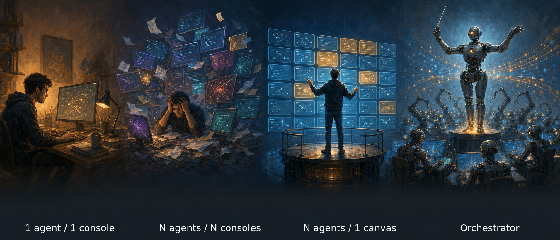 The spectrum of agentic-coding interfaces, left to right: one terminal, chaos of many, canvas surveillance, full orchestration