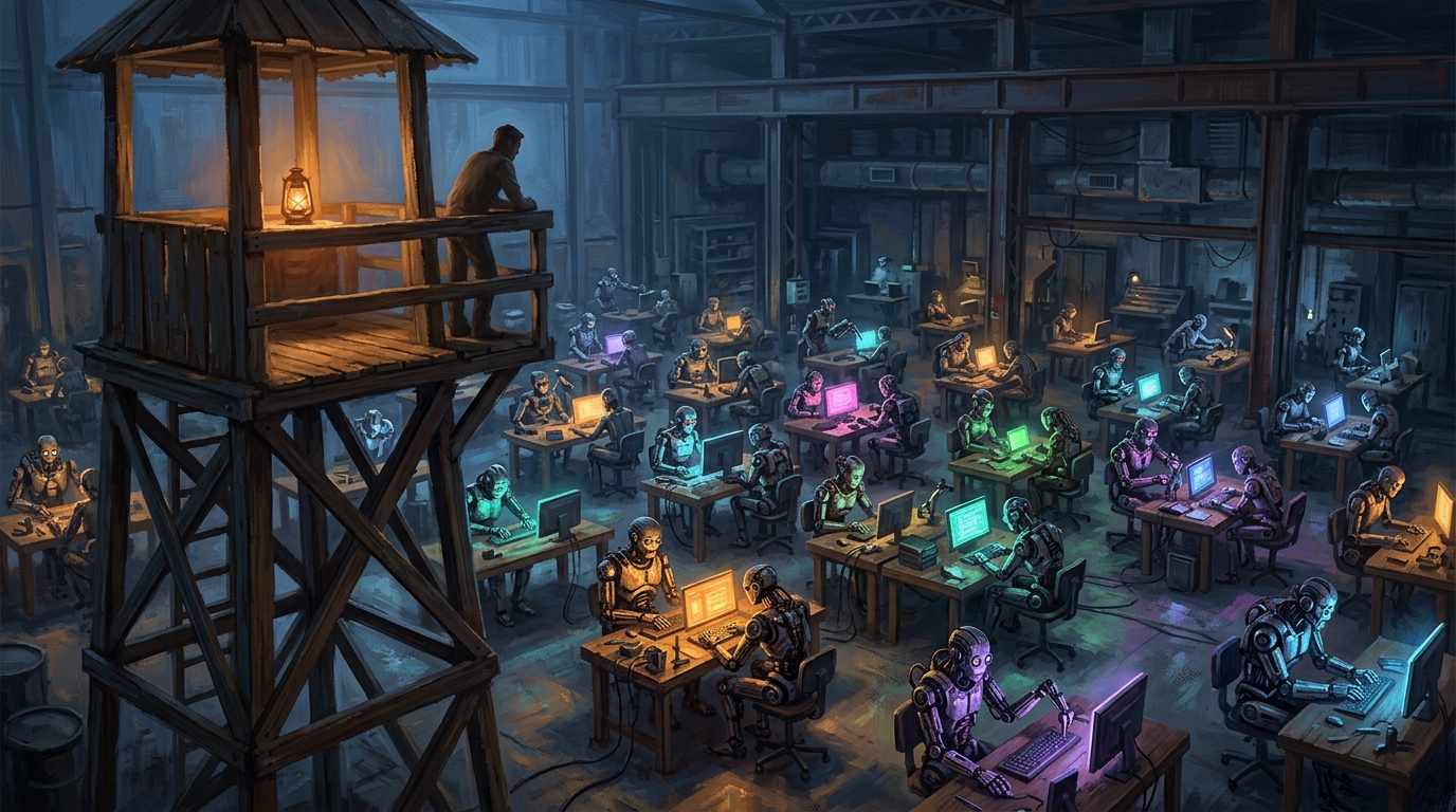 A watchtower over a workshop floor where many agents are at work