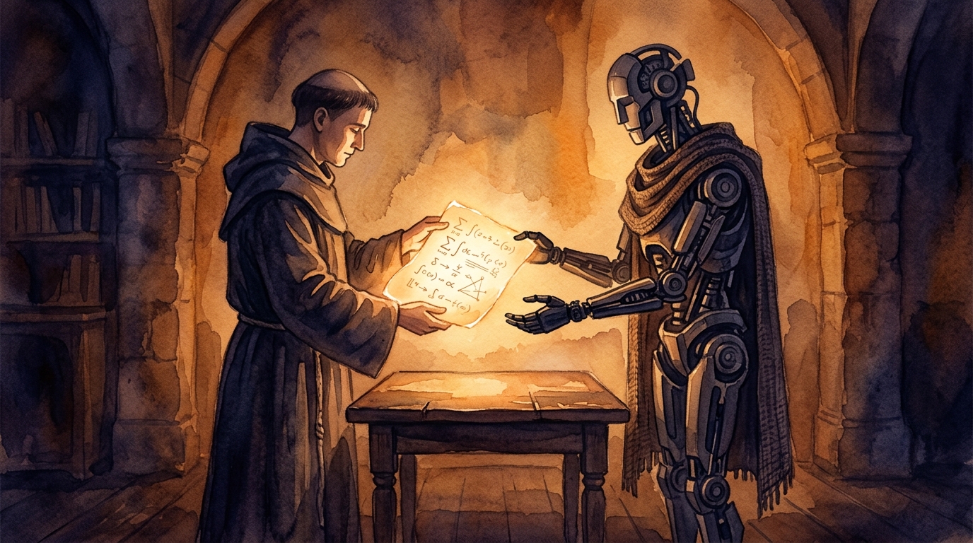 A human and a machine exchanging an illuminated parchment of proofs across a table