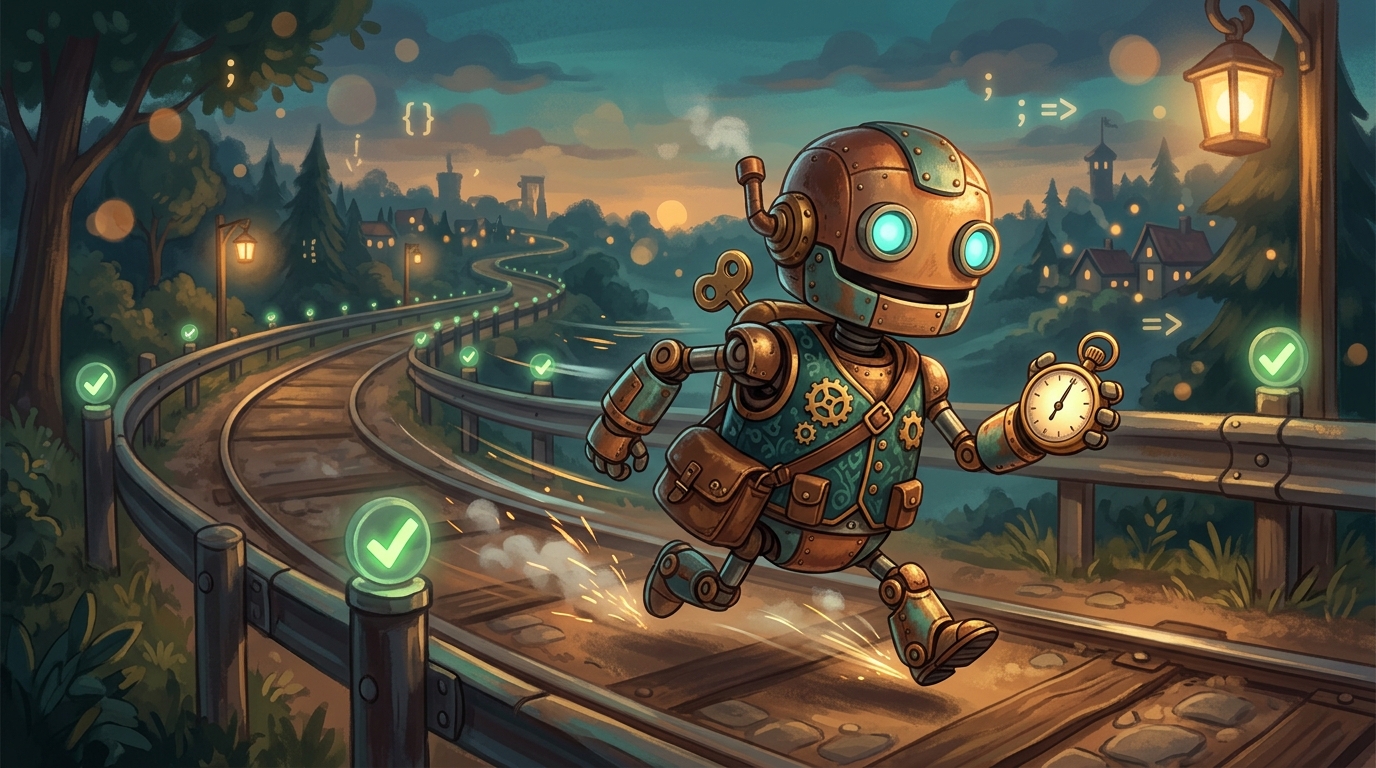 A small robot sprinting down a track lined with glowing checkmark guardrails