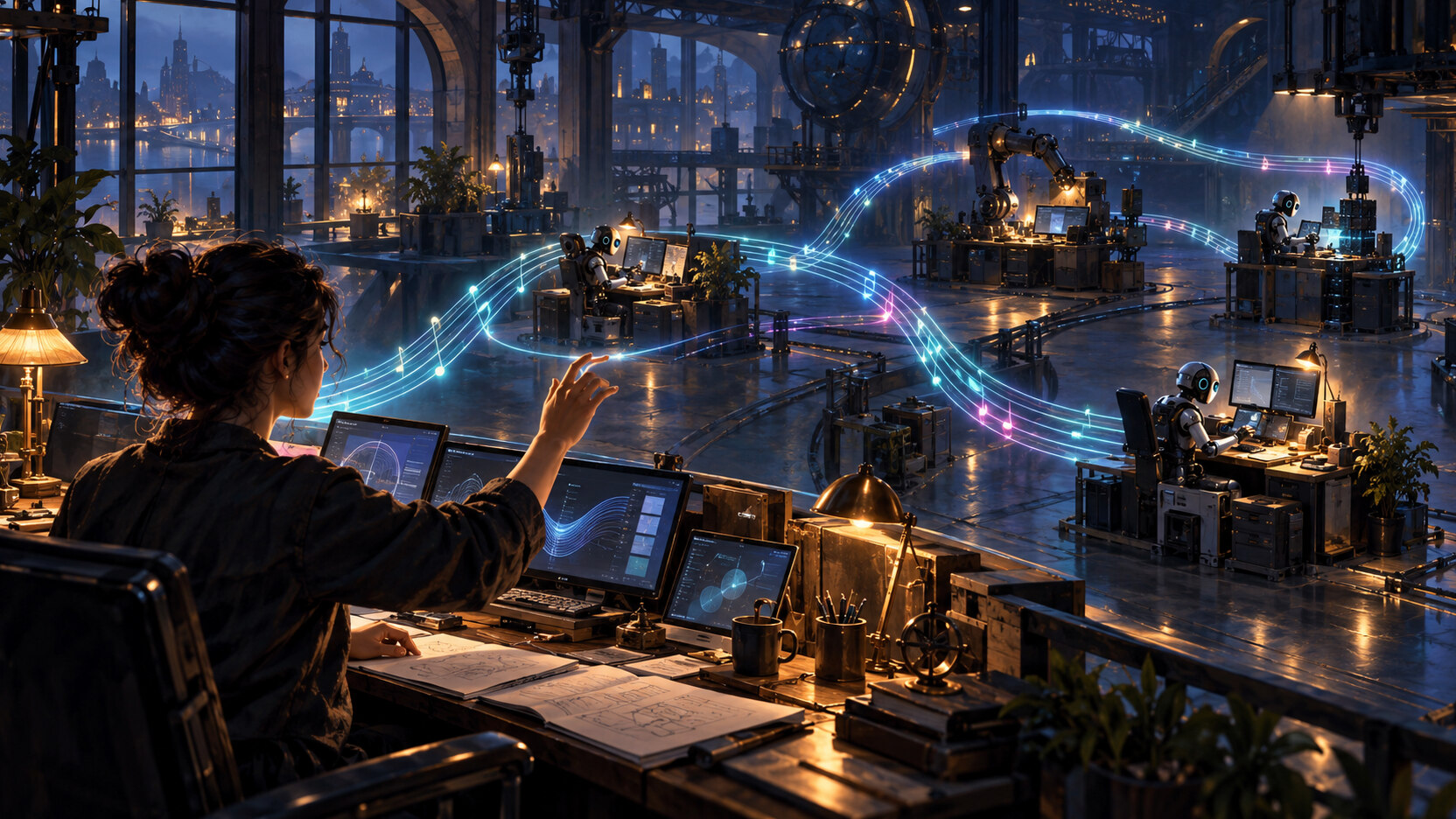 A software designer guides glowing musical pathways through a futuristic workshop where coding agents work at separate desks